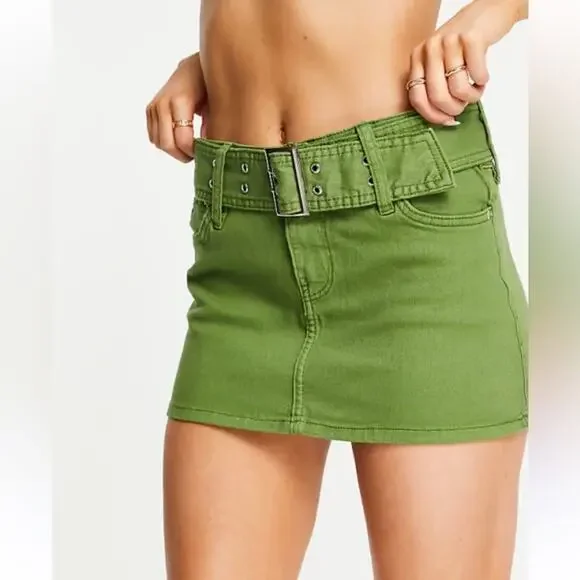 Bershka Micro 90s Buckle Detail Low Rise Ultra Mini Skirt In Khaki Green Size 6 - Picture 13 of 13